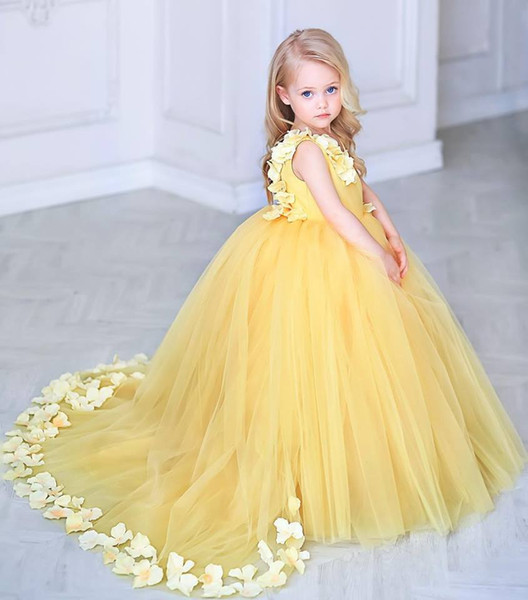 Ball Gown Yellow Tulle Flower Girl Pageant Dresses With Handmade Flowers New Baby Girl Party Wear Princess First Communion Dresses