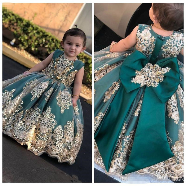 Formal Ball Gown Cute Flower Girls Dresses Lace Appliques Girls Kids Pageant Party Gowns Communion Dress Custom With Bow Back