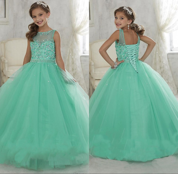 Lovely Flower Girls Dresses Jewel Sheer Neck Beaded Rhinestone Girls Pagent Dress Back Lace-up Peplum Tiered Floor-Length Party Gown 2016