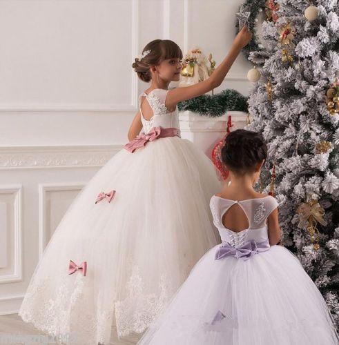 New Christmas Lace Flower Girl Dresses For Weddings Hollow Back Floor Length Bow Kids Girls Formal Dresses Children Princess Gowns