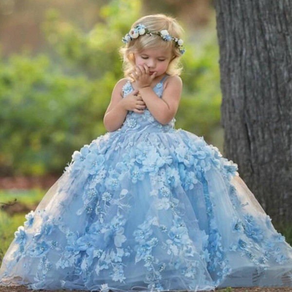 Cute Sky Blue Flower Girls Dresses Flowers Floral Beads Backless Puffy Summer Litter Girls Toddler Long Formal Brithday Party Pageant Dress