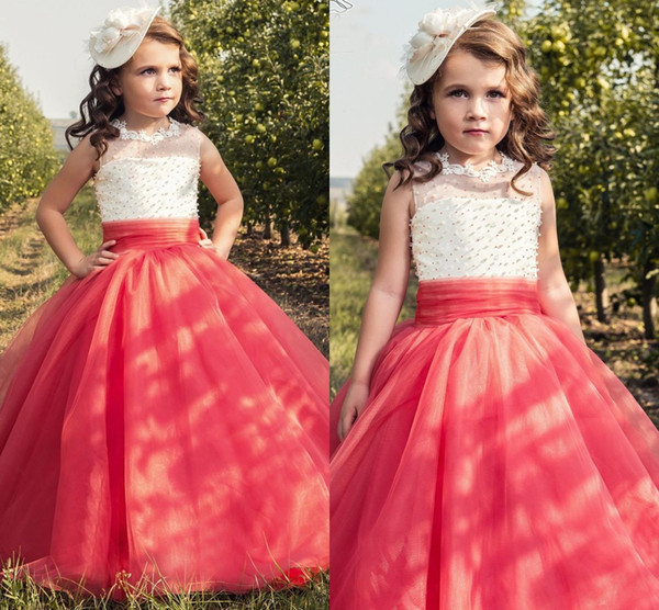 2017 New Flower Girls Dresses For Weddings Lace Appliques Beaded Coral Champagne Tulle Birthday Dress Children Party Kids Girl Ball Gowns