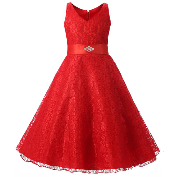 Red Lace Girls Pageant Dresses 2017 Real Pictures V-Neck Kids Party Evening Dress Floor Length Flower Girl Communion Gowns