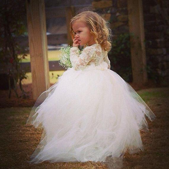 Puffy White Lace Ball Gowns Flower Girls Dresses Jewel Long Sleeves Floor Length Girl Pageant Dress Princess Girl Dress For Wedding