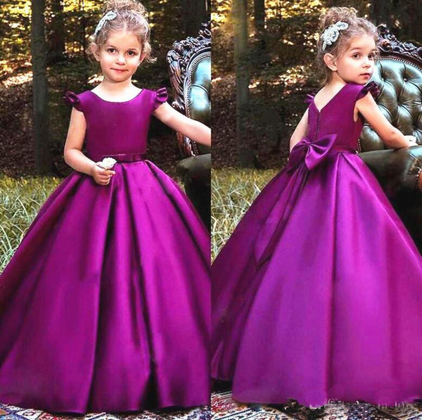 Ball Gown Purple Little Girls Pageant Dress Cap Sleeve Lovely Bow Back Floor Length Kids Prom Dresses Flower Girl Dress Custom Made