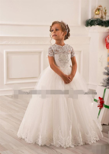 Cute Short Sleeves Flower Girls' Dresses Jewel Neck Lace Applique Beading Crystal Little Girl Pageant Ball Gown Custom Made