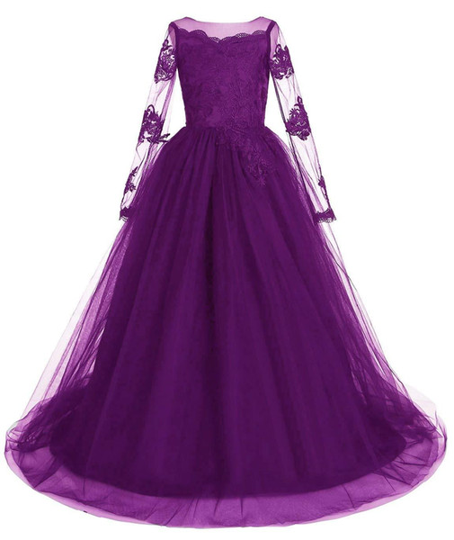 Lace Long Sleeve Full Length Pageant Gown Long Tulle Flower Girl Dress