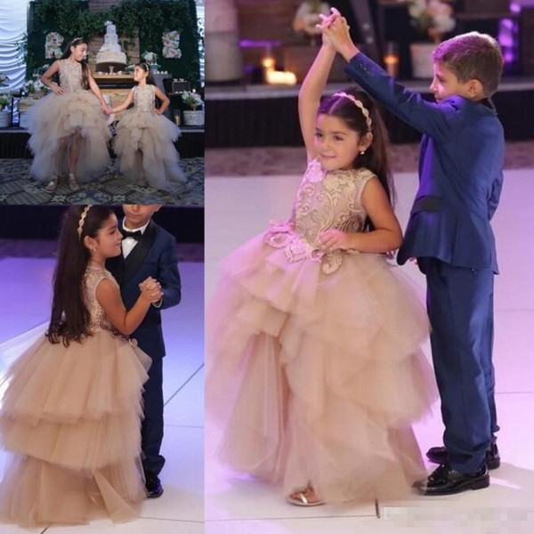 Ball Gown Flower Girl Dresses For Toddlers Jewel A Line Tiered Girls Pageant Dress With Lace Appliques First Communion Gowns Kids Wear