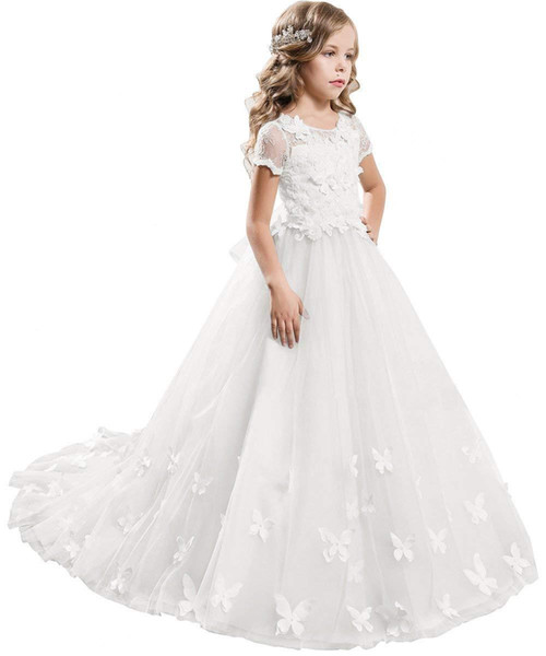 Elegant Lace Applique Floor Length Flower Girl Dress Wedding Birthday Pageant Ball Gown Formal Occasion Party