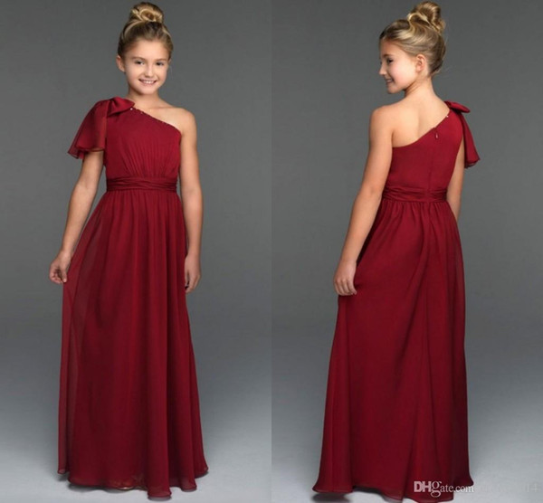 Burgundy Pleated 2019 Flower Girl Dresses One-Shoulder Floor-Length Zipper Back Princess New Flower Girl Gowns With Bow Girls Pageant Dress