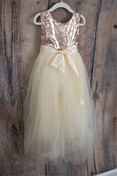 Champagne Gold Sequin Flower Girls Dresses For Wedding 2018 Floor Length Kids Communion Dress Girl Pageant Gown