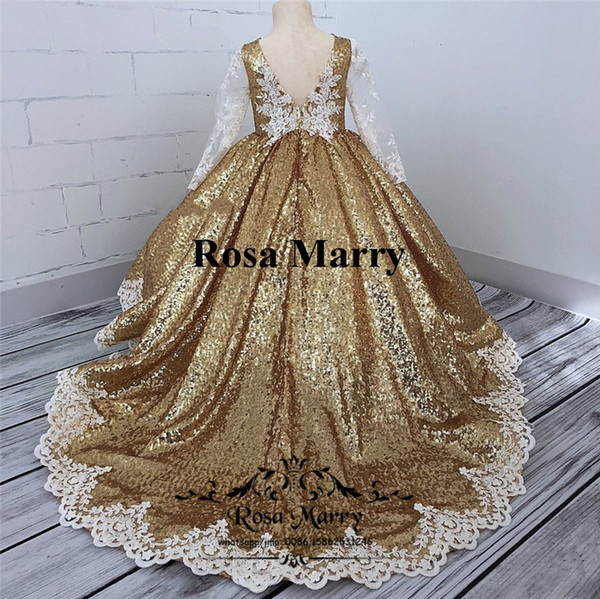 Gold Sequined Ball Gown Girls Pageant Dresses Vintage Lace Long Sleeves Plus Size Cheap Toddlers Kids Cupcake Pageant Dresses for Teens