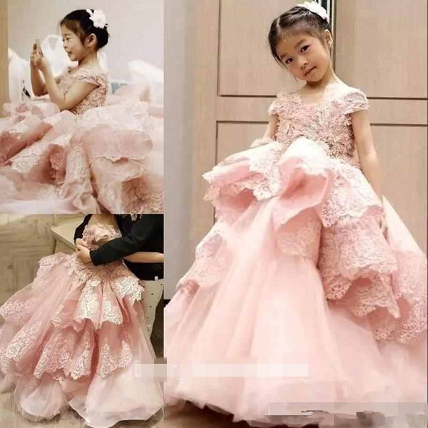 Pink Lace Ball Gown Flower Girls Dresses Jewel Short Sleeve Ruffles Tiered Skirts Girls Pageant Gown First Communion Dresses 70