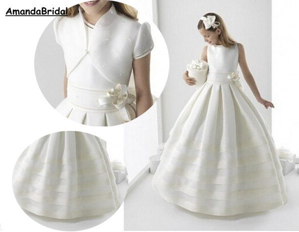 Amandabridal Ball Gown White First Communion Dresses For Little Girls With Jacket Satin Flower Girls Dresses Wedding Party 