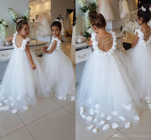 Flower Girls Dresses For Weddings Scoop Ruffles Lace Tulle Pearls Backless Princess Children Wedding Birthday Party Gowns