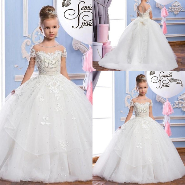 Lace Puffy Tulle Ball Gown Flower Girl Dresses Appliques Girls Pageant Gowns Vintage Communion Dress Big Bow Back Custom Made