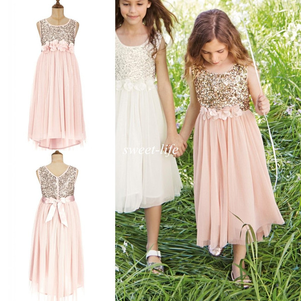 2015 Blush Flower Girls Dresses Gold Sequins Hand Made Flower Sash Tea Length Tulle Jewel A Line Kids Formal Dress Junior Bridesmaid Dress