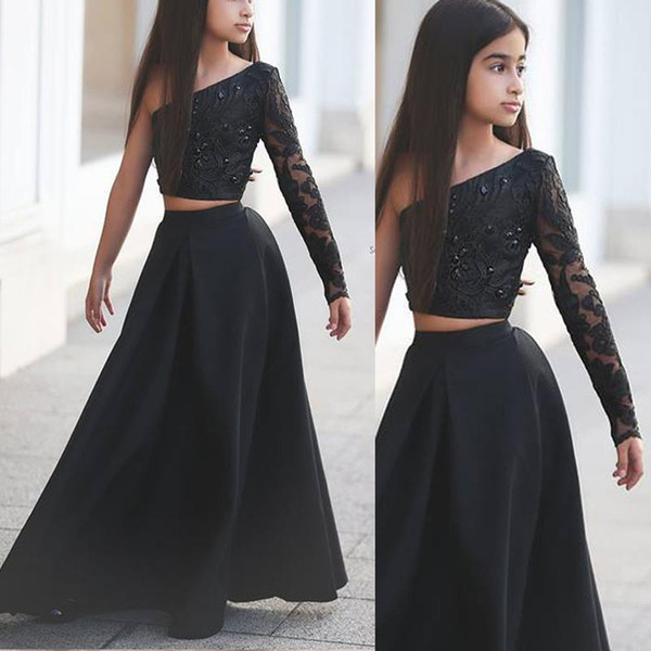 2017 Custom Pageant Dresses for Teens Cute Beaded Lace Applique Sheer Long Sleeve Black A Line Two Pieces Girls Party Gowns Fast 