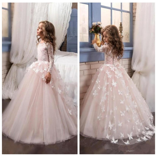 O-Neck Long Sleeves Flower Girl Dresses With Butterfly Custom Lace Girls Pageant Party Gowns Custom Formal Kids Wear Cheap