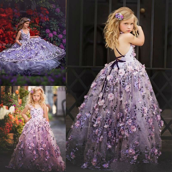 Gorgeous Puffy Flower Girl Dresses Lace 3D Floral Appliques Backless Kids Birthday Dress Long Pageant Gowns Custom Made