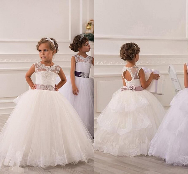 2015 Spring Flower Girl Dresses Vintage Jewel Sash Lace Net Baby Girl Birthday Party Christmas Communion Dresses Children Girl Party Dresses