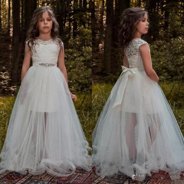 Lovely Flower Girl Dresses For Weddings With Detachable Train Jewel Cap Sleeve Lace Sash See Through Child Birthday Party Gowns