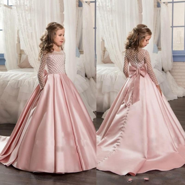 2017 Princess Long Sleeves Flower Girls Dresses With Bow Knot Delicate Beaded Sequins Ball Gown Floor Length Girls Pageant Birthday Gowns