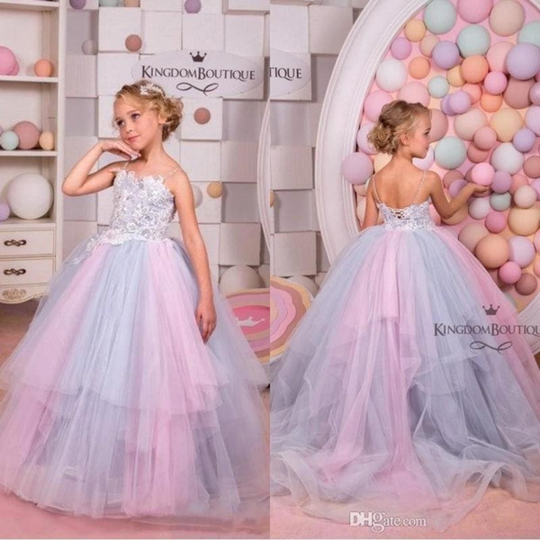 Lovely Princess Half Sleeve V Back Lace Crystal Flower Dresses Blue Custom Made Girls Kids Evening Gowns First Communion Dress BC1825