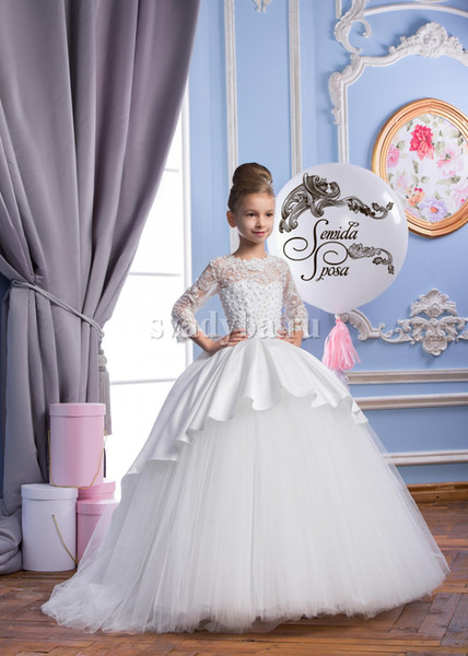 Lace Pearls 2018 Arabic Flower Girl Dresses Lace Sleeves Satin&Tulle Child Wedding Dresses Vintage Little Girl Pageant Dresses FG01