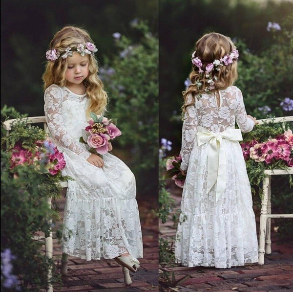 Cute Country Cheap Full Lace Flower Girls Dresses Long Sleeves Ritzee Girl Pageant Party Gowns Teens Kids Formal Communion Dresses