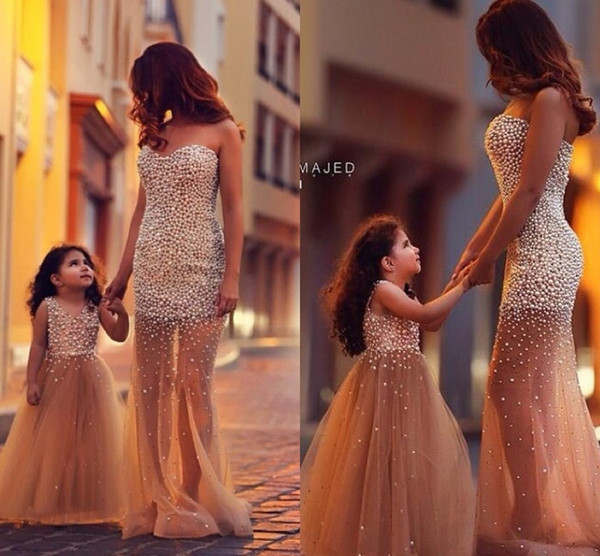 Hot Sale Fashion Dresses Custom Made Flower Girl Dress Pearl Tulle Little Girl Dresses Princess Gown Mother And Daughter Dresses