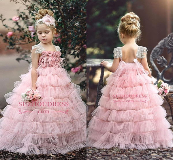 Blush Pink Layers Ball Gown Flower Girl Dress Hand Made Flowers Princess Birthday Patry Gown Girl Formal Dresses Custom Made