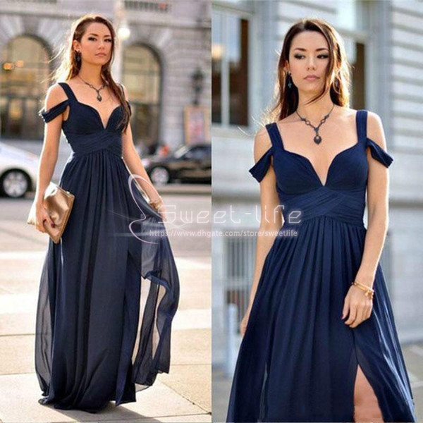 Trendy High Split Navy Blue Chiffon Bridesmaid Dresses Off Shoulder Dress Evening Party Gowns Formal Long Prom Ball Gown