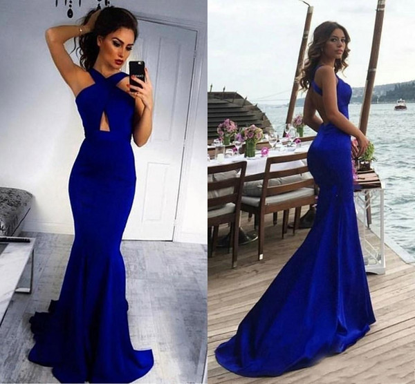 Sexy Royal Blue Mermaid Evening Dresses Backless Satin Simple Keyhole neck Long Prom Dress Sweep Train Party Gowns