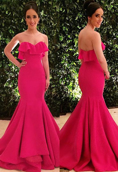 Fuchsia sleeveless prom dresses strapless mermaid evening gowns woman formal party dresses with Ruffles backless