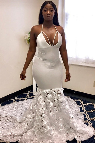 sexy white sleeveless prom dresses halter mermaid evening gowns cheap party dresses backless plus size