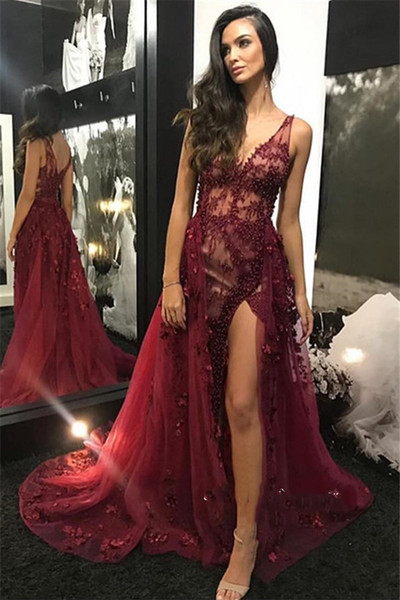 Dark red prom dresses deep v neck sleeveless evening dress lace appliques front split A line party gowns