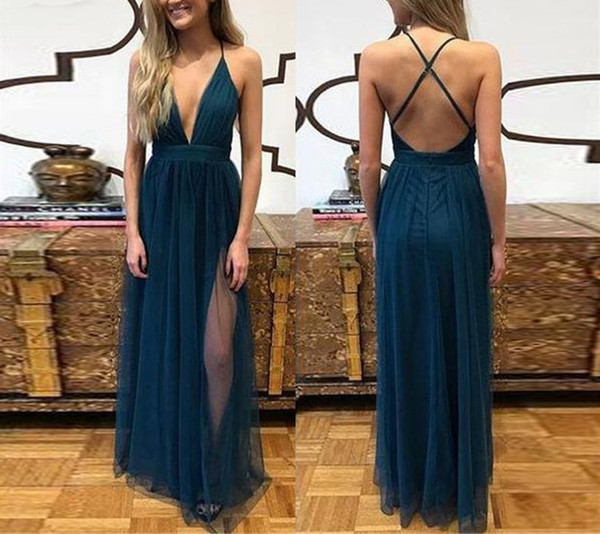 Dark navy evening dresses deep v neck crisscross strapless prom gown tulle front split party dress