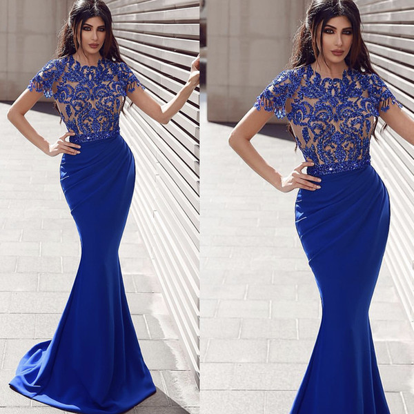 Royal Blue Prom Dresses Crew Neckline Sequins Beaded Cap Sleeve Mermaid Satin Arabic Evening Dresses Gowns