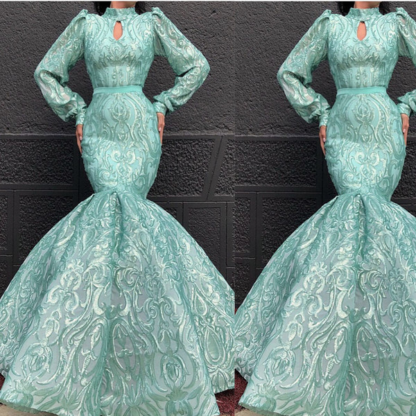 Green Prom Dresses Long Sleeve High Neck Long Sleeve Mermaid Puffy Evening Gowns Formal Dresses