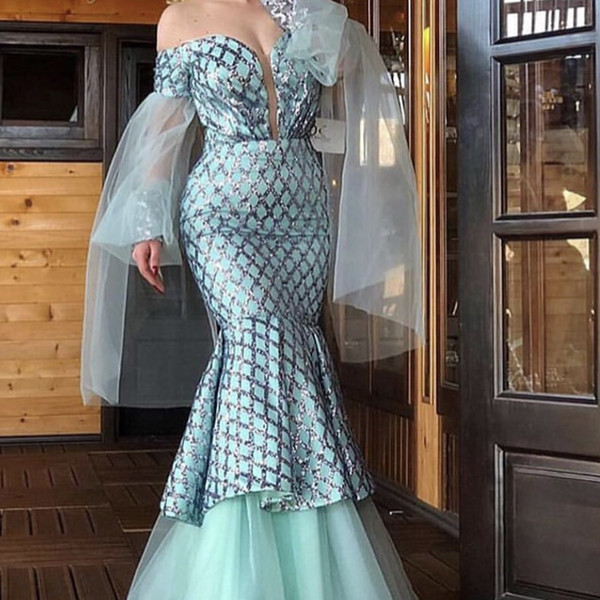 Mermaid Prom Dresses Sweetheart Neckline Sparkly Sequins Off the Shoulder Blue Floor Length Evening Dresses Arabic