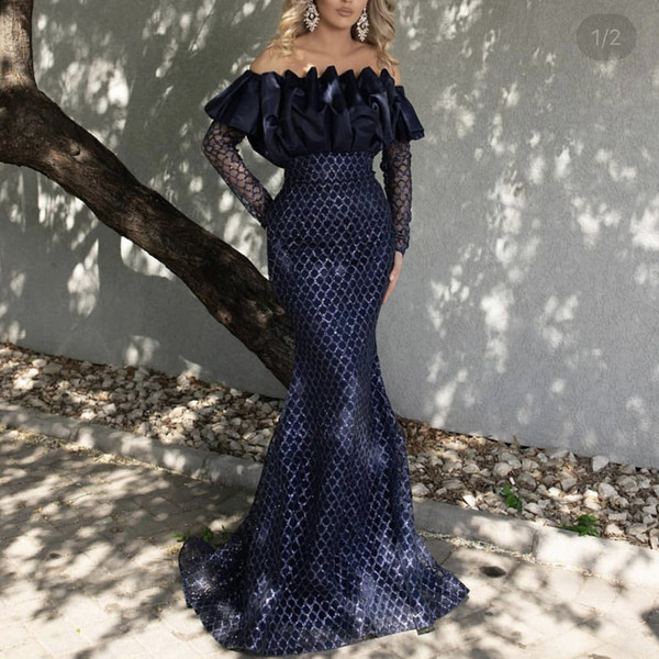 Navy Blue Prom Dresses Ruffle Organza Mermaid Sequins Long Sleeve Floor Length Sparkly Evening Dresses Gowns