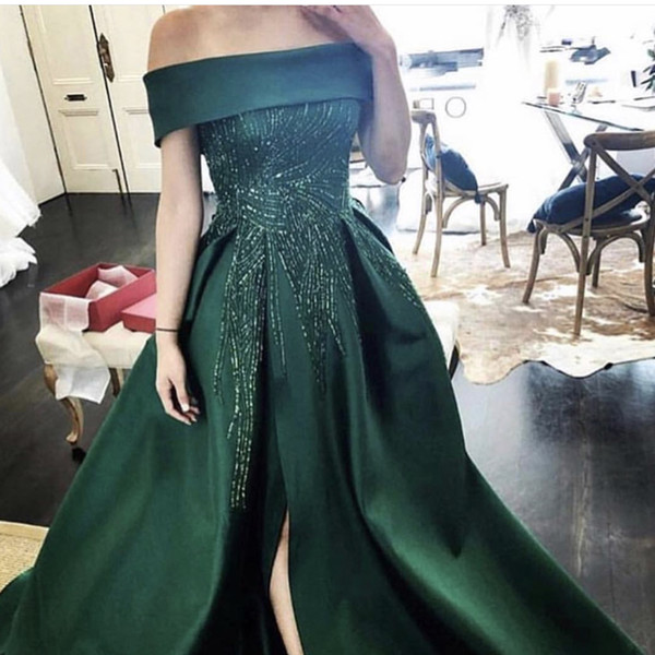 Green Prom Dresses Off the Shoulder Beaded Sequins Side Slit Front Slit Satin Floor Length Evening Dresses Vestidos de Fiesta