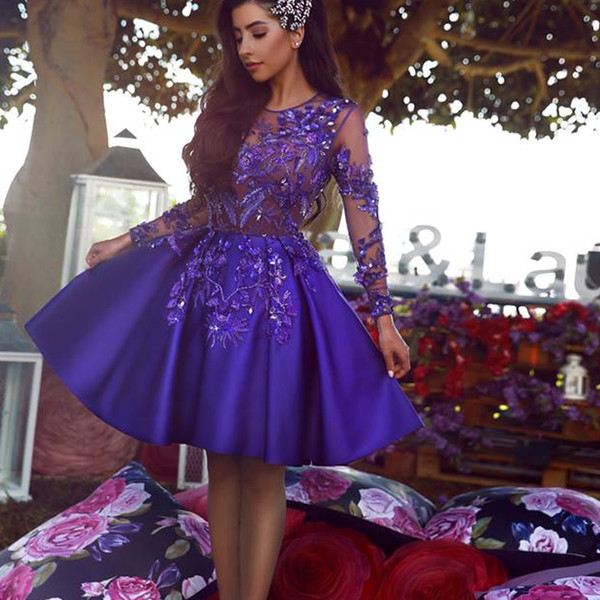 Purple Graduation Dresses Crew Neckline Lace Appliques Long Sleeve Sheer Bodice Short/Mini Homecoming Dresses Cocktail Dresses