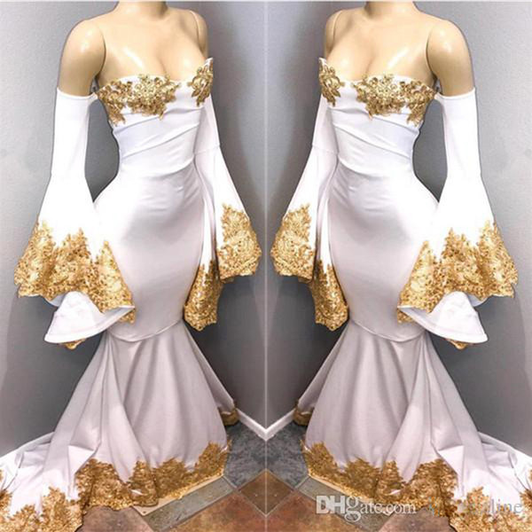 ZYLLGF Vintage White with Gold Appliques Mermaid Prom Dresses Off Shoulders Sexy Long Sleeves Evening Gowns Formal Party Wears