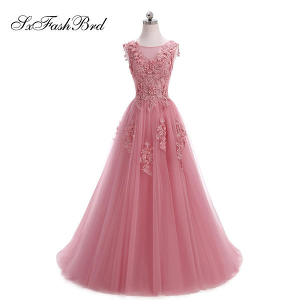 Girls Dress Elegant Sexy O Neck With Appliques Open Back A Line Red Tulle Long Party Formal Evening Dresses for Women Prom Dress Gowns