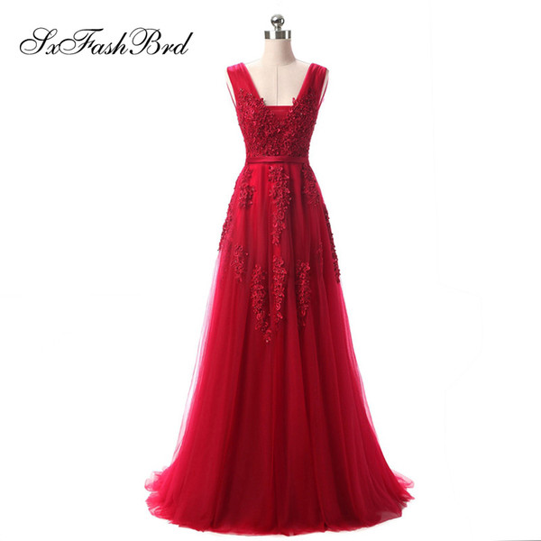 Girls Dress Elegant Sexy V Neck A Line With Appliques Red Tulle Long Party Formal Evening Dresses for Women Prom Dress Gowns