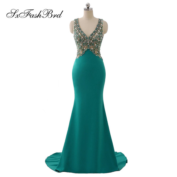 Girls Dress Elegant Sexy V Neck Accented Beading Mermaid Long Party Formal Evening Dresses Gowns for Women Prom