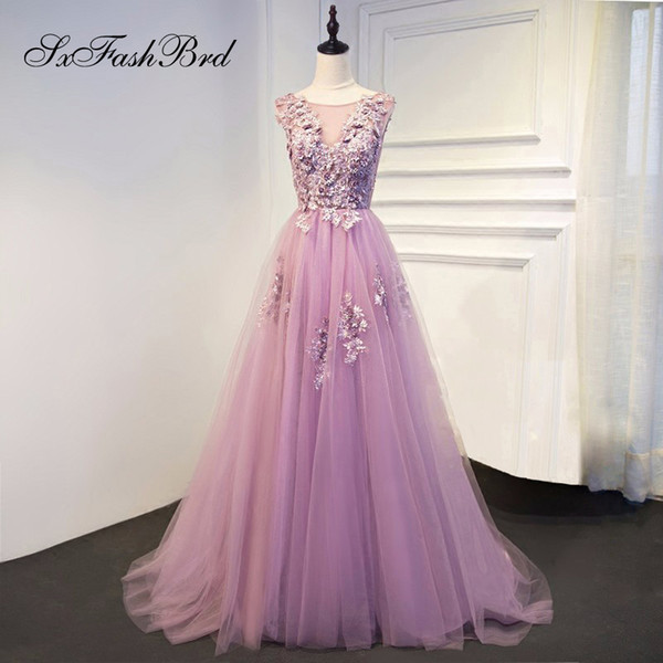 Girls Dress Elegant Sexy O Neck With Appliques Tulle Long Party Formal Evening Dresses Gowns for Women Prom