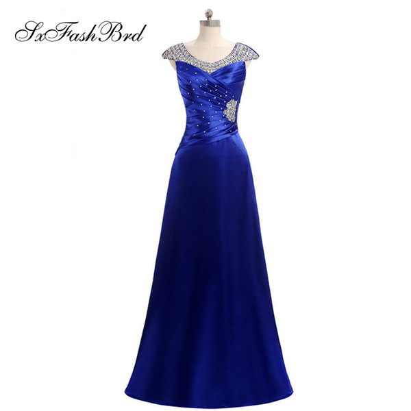 Girls Dress Elegant Sexy O Neck Crystals Mermaid Blue Satin Long Party Formal Evening Dresses Gowns for Women Prom